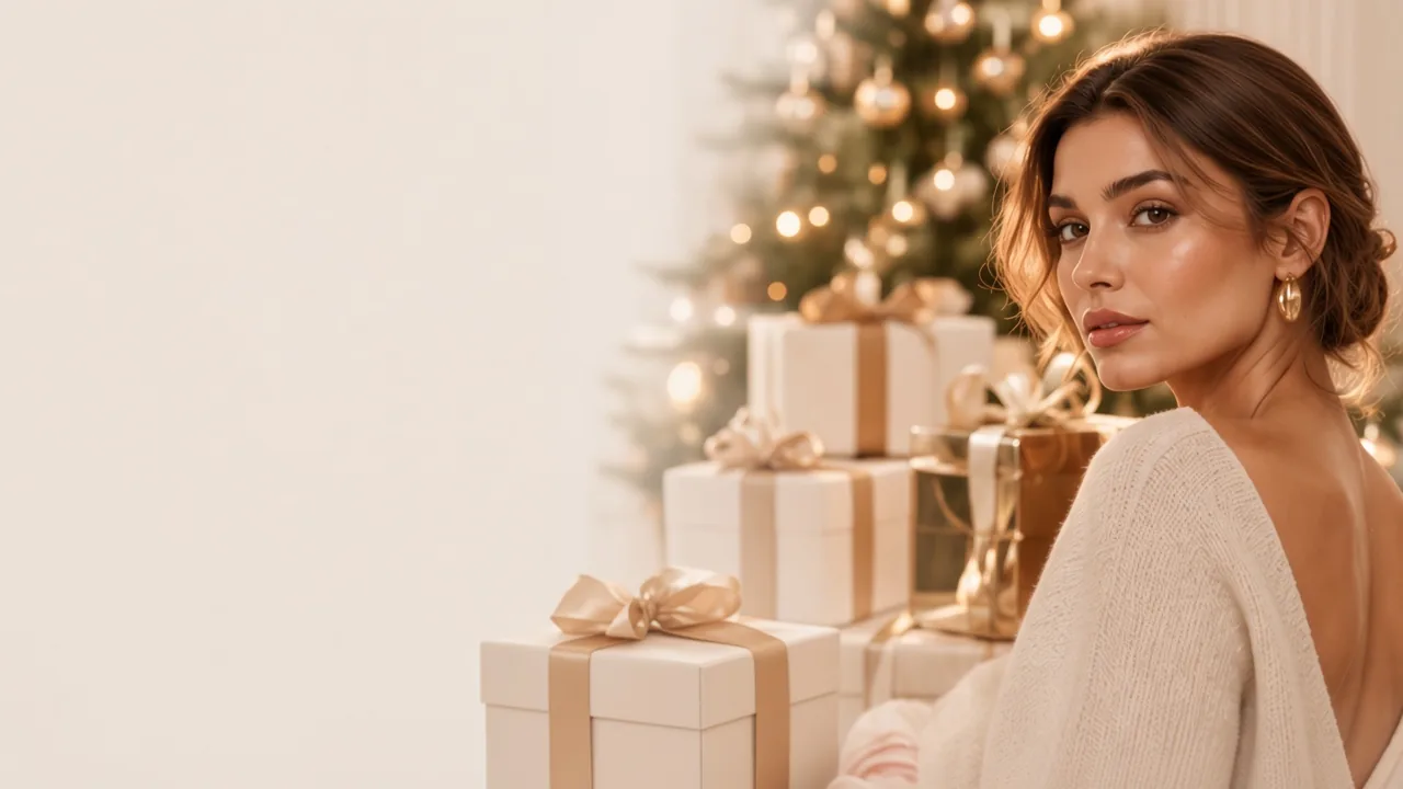Woman in a cream knit beside stacked holiday gifts
